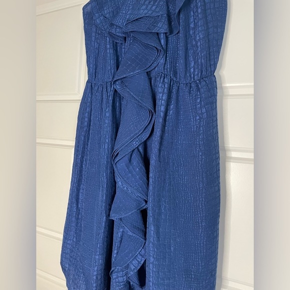 Rebecca Taylor 100 % Silk Textured Ruffle Blue Midi Dress flowy lightweight - Picture 2 of 6